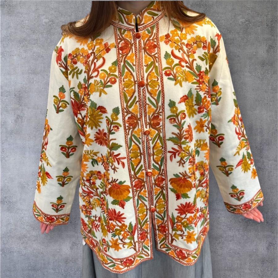 カシミール刺繍 花柄 チュニック ワンピース M L XL LL 11号 13号ゆったりシルエット 高品質ドレス 草花模様 インド刺繍 手刺繍 伝統刺繍 手作り トップスの画像