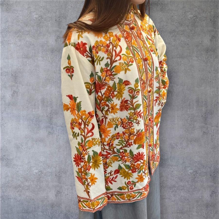 カシミール刺繍 花柄 チュニック ワンピース M L XL LL 11号 13号ゆったりシルエット 高品質ドレス 草花模様 インド刺繍 手刺繍 伝統刺繍 手作り トップスの画像