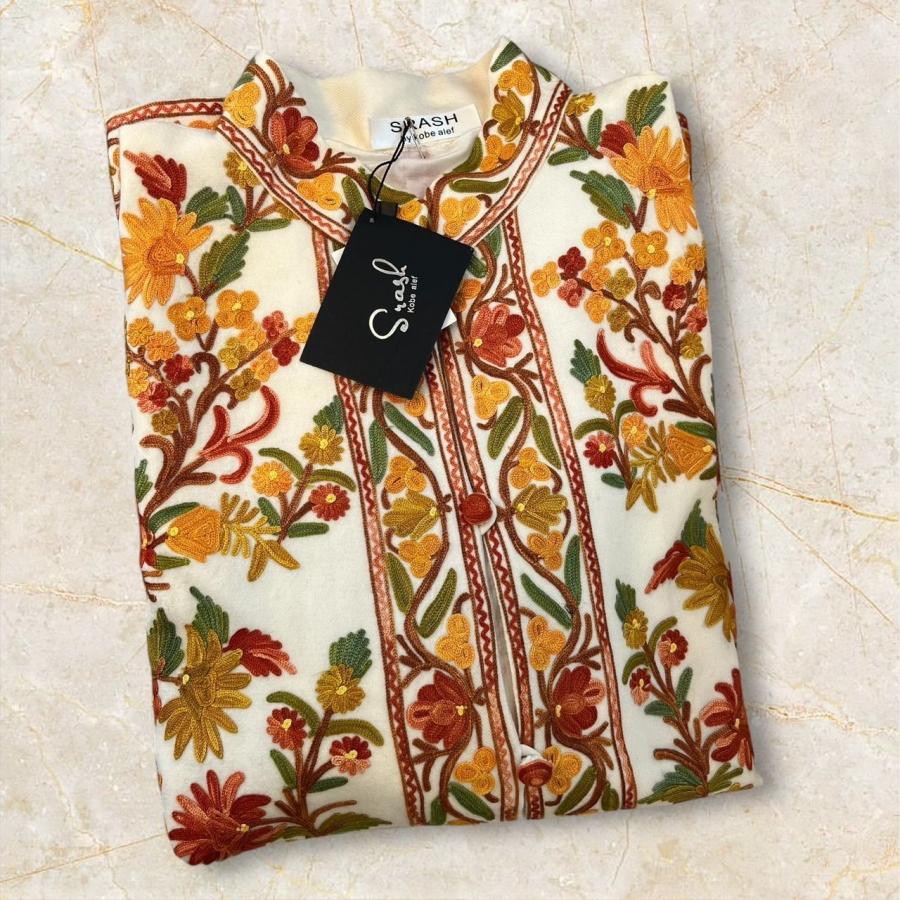 カシミール刺繍 花柄 チュニック ワンピース M L XL LL 11号 13号ゆったりシルエット 高品質ドレス 草花模様 インド刺繍 手刺繍 伝統刺繍 手作り トップスの画像