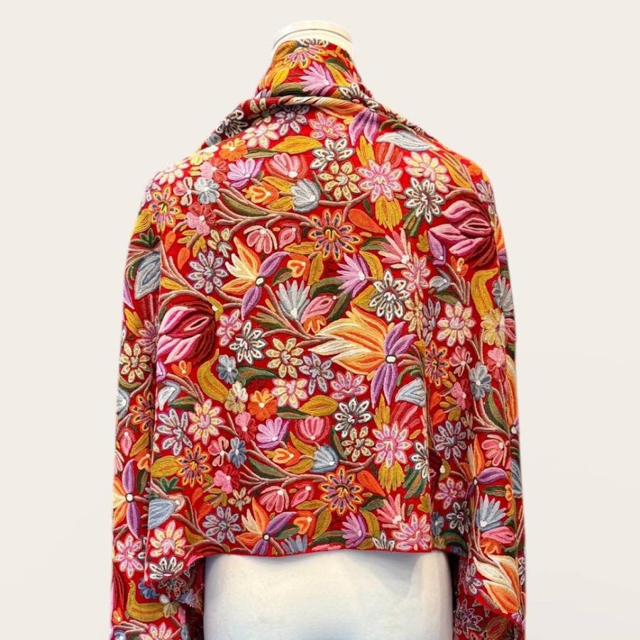 カシミール刺繍 ショール メリノウール 大判 シルク糸手刺繍 花柄 一点物 ハンドメイド ストール レッド 鮮やか 上質 艶めき 全面刺〓 伝統工芸 羽織りの画像
