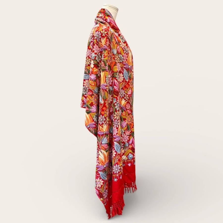 カシミール刺繍 ショール メリノウール 大判 シルク糸手刺繍 花柄 一点物 ハンドメイド ストール レッド 鮮やか 上質 艶めき 全面刺〓 伝統工芸 羽織りの画像
