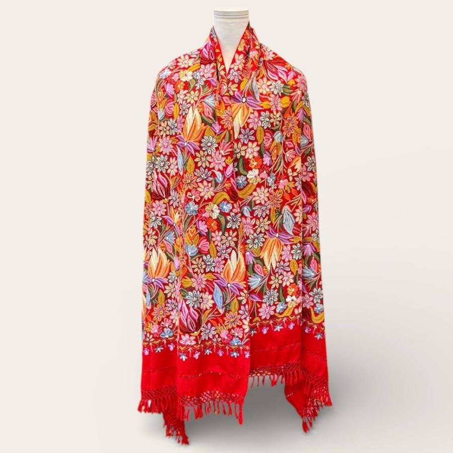 カシミール刺繍 ショール メリノウール 大判 シルク糸手刺繍 花柄 一点物 ハンドメイド ストール レッド 鮮やか 上質 艶めき 全面刺〓 伝統工芸 羽織りの画像
