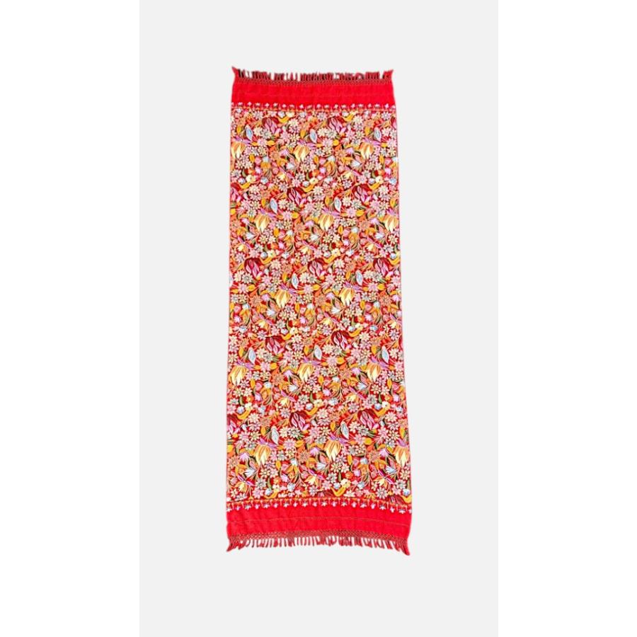 カシミール刺繍 ショール メリノウール 大判 シルク糸手刺繍 花柄 一点物 ハンドメイド ストール レッド 鮮やか 上質 艶めき 全面刺〓 伝統工芸 羽織りの画像