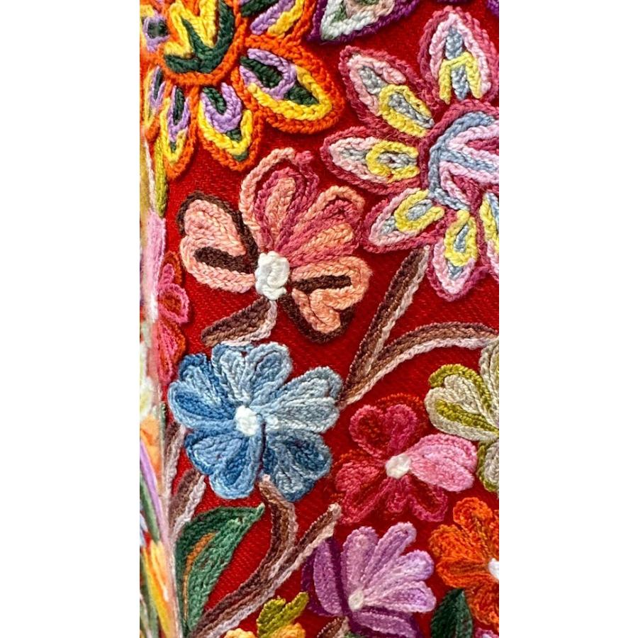 カシミール刺繍 ショール メリノウール 大判 シルク糸手刺繍 花柄 一点物 ハンドメイド ストール レッド 鮮やか 上質 艶めき 全面刺〓 伝統工芸 羽織りの画像