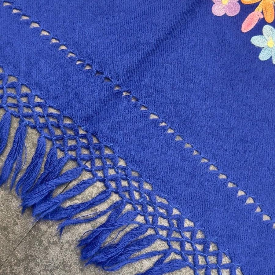 メリノウール シルク刺繍 手織り ショール ストール ボタニカル刺繍 ブルー ピンク オレンジ スカイブルー パープル 花柄 植物柄大判 アジアン 一点物の画像
