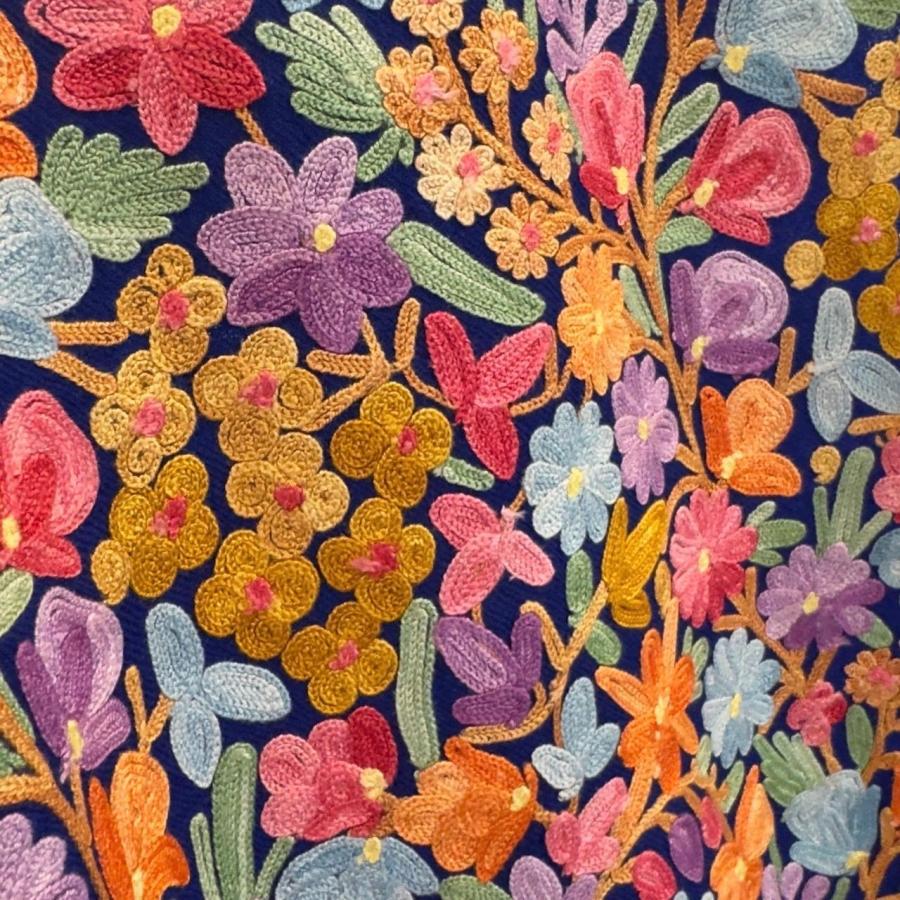 メリノウール シルク刺繍 手織り ショール ストール ボタニカル刺繍 ブルー ピンク オレンジ スカイブルー パープル 花柄 植物柄大判 アジアン 一点物の画像