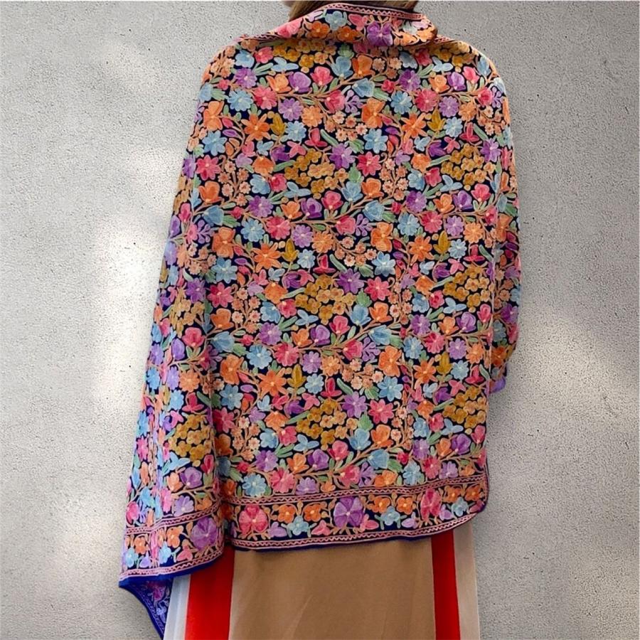 メリノウール シルク刺繍 手織り ショール ストール ボタニカル刺繍 ブルー ピンク オレンジ スカイブルー パープル 花柄 植物柄大判 アジアン 一点物の画像