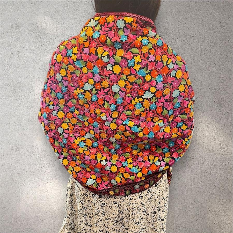 ショール 大判 シルク刺繍 メリノウール カシミール タペストリー スカーフ 手作り ハンドメイド 一点もの カラフル刺繍 インド伝統工芸 ナチュラルインテリアの画像