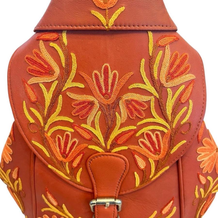 リュックサック 牛皮 シルク刺繍 花柄 バッグパック ショルダーバッグ 巾着 カシミールバッグ フラワーモチーフ ボタニカル刺繍 アジアンテイスト_13