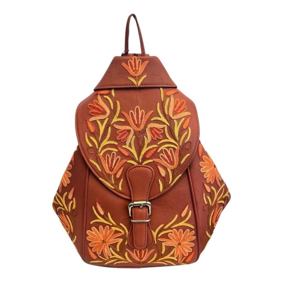 リュックサック 牛皮 シルク刺繍 花柄 バッグパック ショルダーバッグ 巾着 カシミールバッグ フラワーモチーフ ボタニカル刺繍 アジアンテイスト_1
