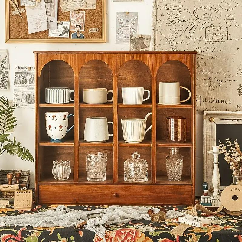 収納棚 木製 ヴィンテージ調 マグカップ収納 ティーカップ 引き出し