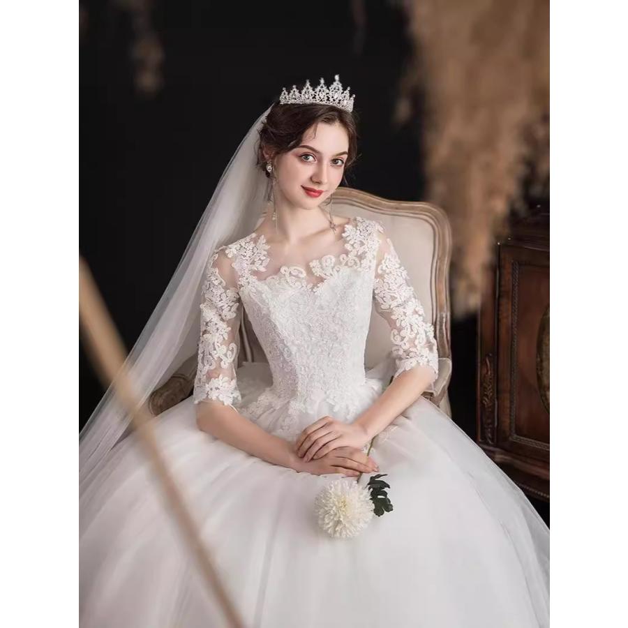 ウェディングドレス 小さいサイズ 白 ホワイト 姫系 Aライン 結婚式 パーティー 謝恩会 ロング XS S M L 花嫁 披露宴 紐タイプ 前撮り 透け感 レース 紐タイプ