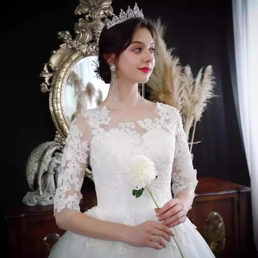 ウェディングドレス 小さいサイズ 白 ホワイト 姫系 Aライン 結婚式 パーティー 謝恩会 ロング XS S M L 花嫁 披露宴 紐タイプ 前撮り 透け感 レース 紐タイプ
