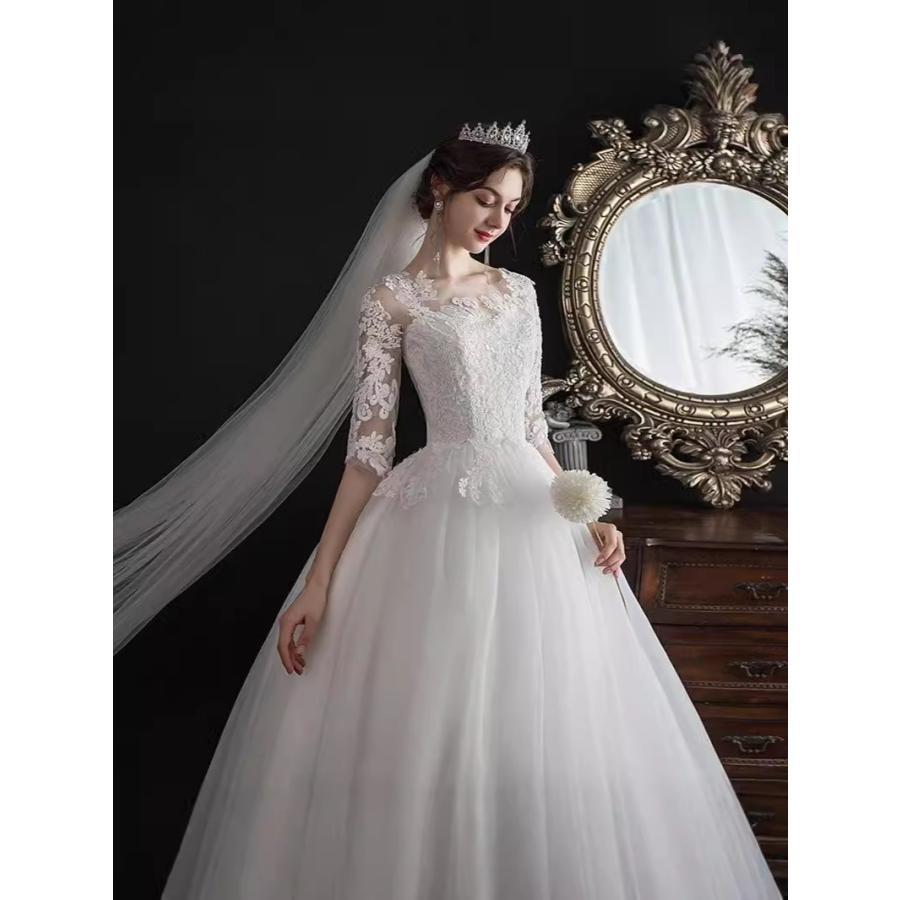 ウェディングドレス 小さいサイズ 白 ホワイト 姫系 Aライン 結婚式 パーティー 謝恩会 ロング XS S M L 花嫁 披露宴 紐タイプ 前撮り 透け感 レース 紐タイプ