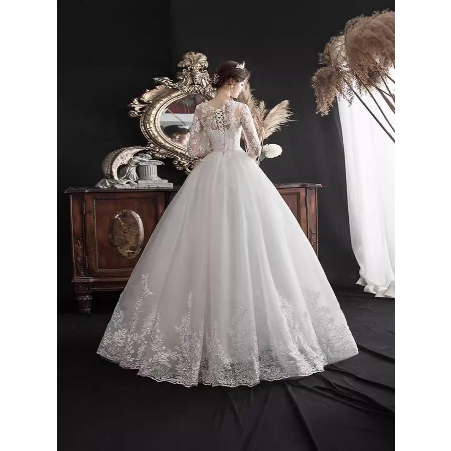 ウェディングドレス 小さいサイズ 白 ホワイト 姫系 Aライン 結婚式 パーティー 謝恩会 ロング XS S M L 花嫁 披露宴 紐タイプ 前撮り 透け感 レース 紐タイプ