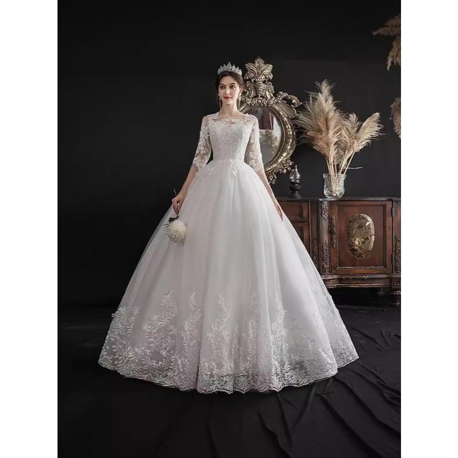 ウェディングドレス 小さいサイズ 白 ホワイト 姫系 Aライン 結婚式 パーティー 謝恩会 ロング XS S M L 花嫁 披露宴 紐タイプ 前撮り 透け感 レース 紐タイプ