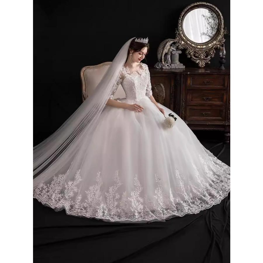 ウェディングドレス 小さいサイズ 白 ホワイト 姫系 Aライン 結婚式 パーティー 謝恩会 ロング XS S M L 花嫁 披露宴 紐タイプ 前撮り 透け感 レース 紐タイプ