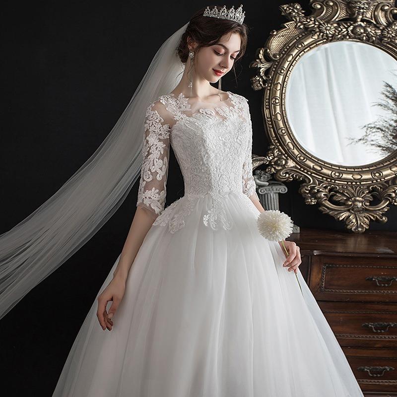 ウェディングドレス 小さいサイズ 白 ホワイト 姫系 Aライン 結婚式 パーティー 謝恩会 ロング XS S M L 花嫁 披露宴 紐タイプ 前撮り 透け感 レース 紐タイプ