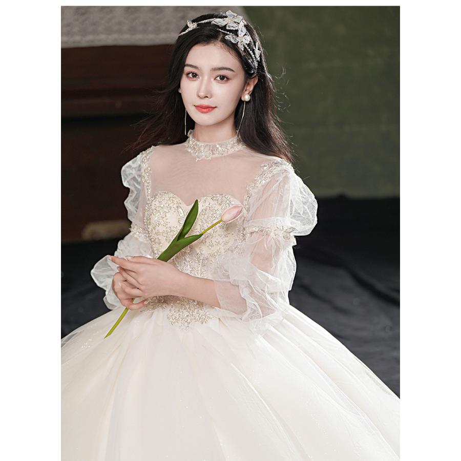 ウェディングドレス 大きいサイズ 小さいサイズ シャンパンゴールド Aライン チュール 袖あり 結婚式 パーティー ハイウエスト XS S M L XL LL 2XL XXL 3XL XXXL_3