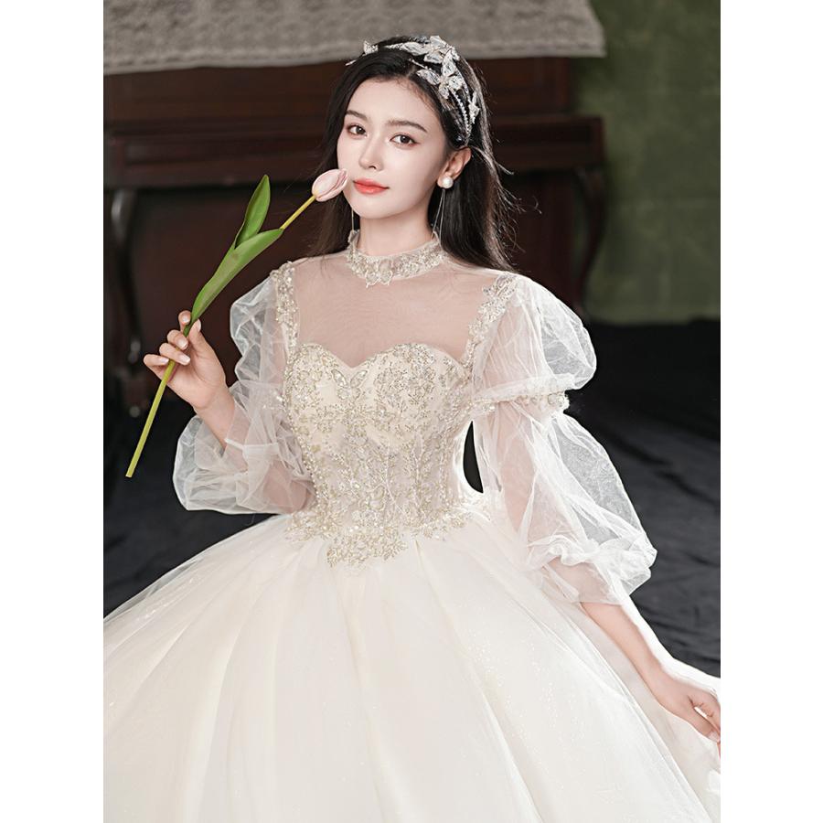 ウェディングドレス 大きいサイズ 小さいサイズ シャンパンゴールド Aライン チュール 袖あり 結婚式 パーティー ハイウエスト XS S M L XL LL 2XL XXL 3XL XXXL_5