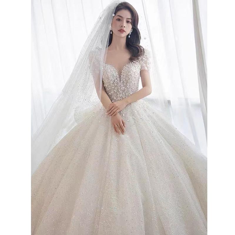 ウェディングドレス 大きいサイズ ホワイト 白 結婚式 花 フラワー ハートネック 編み上げタイプ チュール 刺繍 謝恩会 S M L XL レース 花嫁 披露宴_1