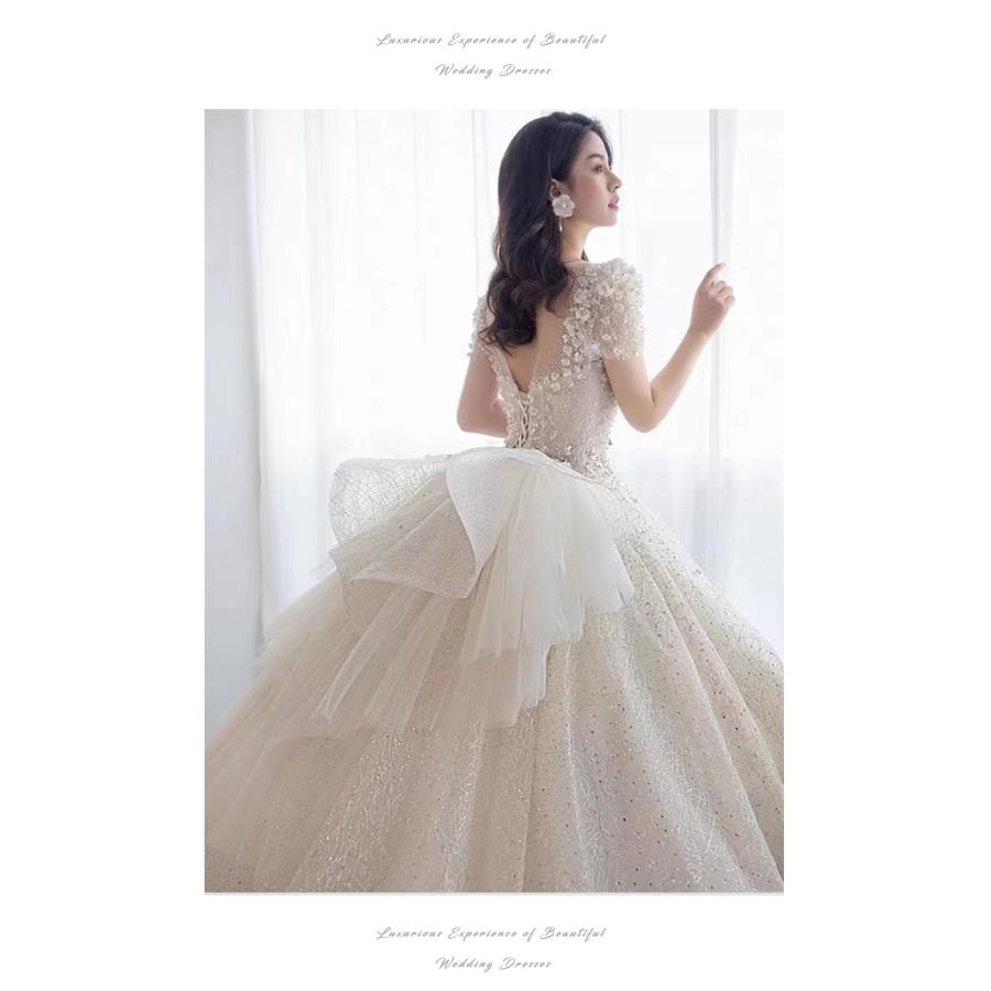 ウェディングドレス 大きいサイズ ホワイト 白 結婚式 花 フラワー ハートネック 編み上げタイプ チュール 刺繍 謝恩会 S M L XL レース 花嫁 披露宴_2