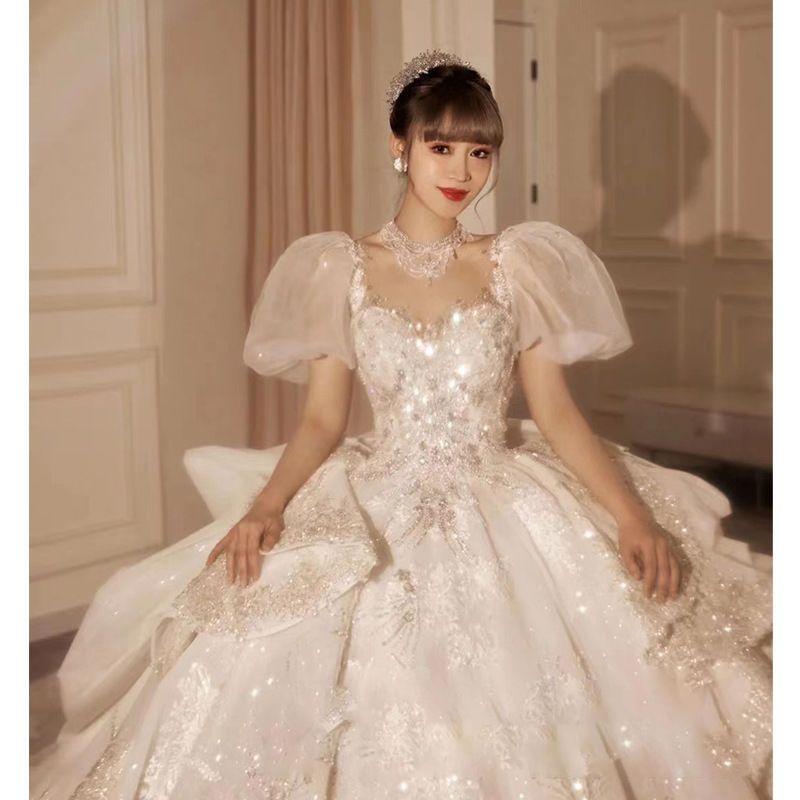 ウェディングドレス 大きいサイズ ホワイト 白 リボン 結婚式 パーティー 謝恩会 ロングドレス S M L XL LL 2XL XXL 3XL XXXL パフスリーブ プリンセス 豪華の画像