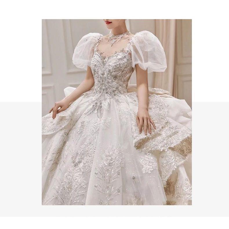 ウェディングドレス 大きいサイズ ホワイト 白 リボン 結婚式 パーティー 謝恩会 ロングドレス S M L XL LL 2XL XXL 3XL XXXL パフスリーブ プリンセス 豪華の画像