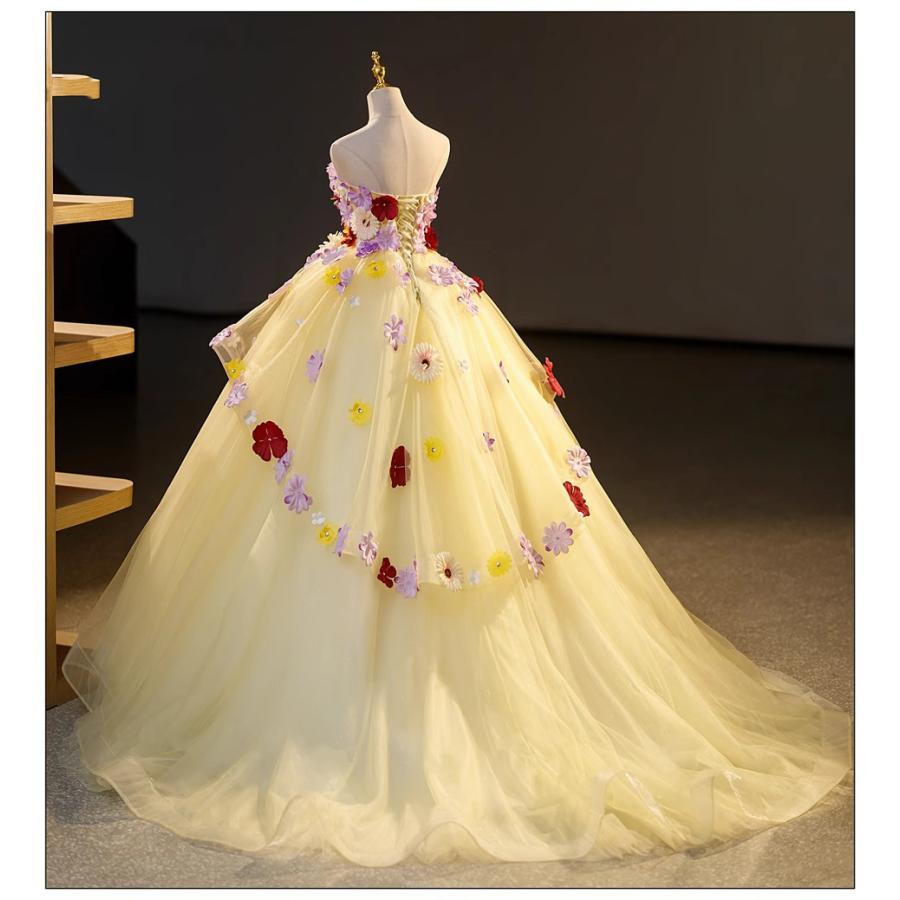 ドレス パーティードレス イエロー 黄 チューブトップ 花 フラワー ナイトドレス 蝶 結婚式 大きいサイズ 謝恩会 XS S M L XL LL 2XL XXL 3XL XXXL 姫系の画像