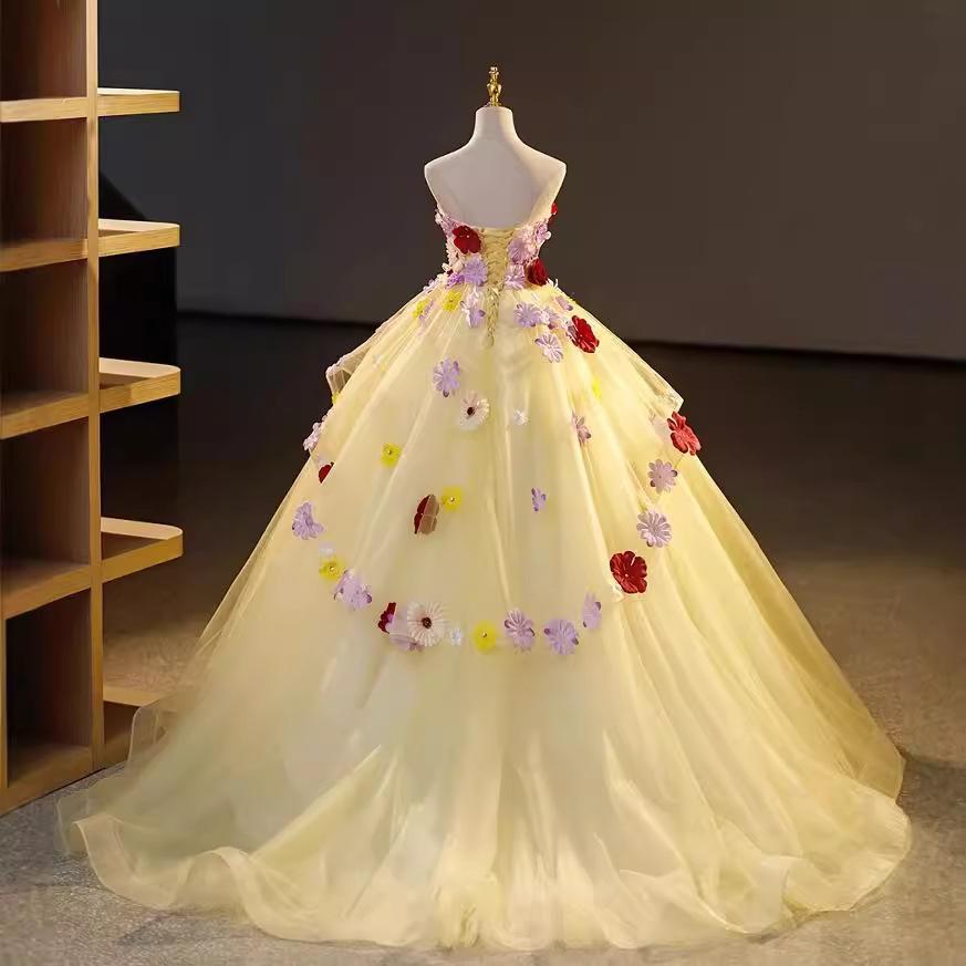 ドレス パーティードレス イエロー 黄 チューブトップ 花 フラワー ナイトドレス 蝶 結婚式 大きいサイズ 謝恩会 XS S M L XL LL 2XL XXL 3XL XXXL 姫系の画像