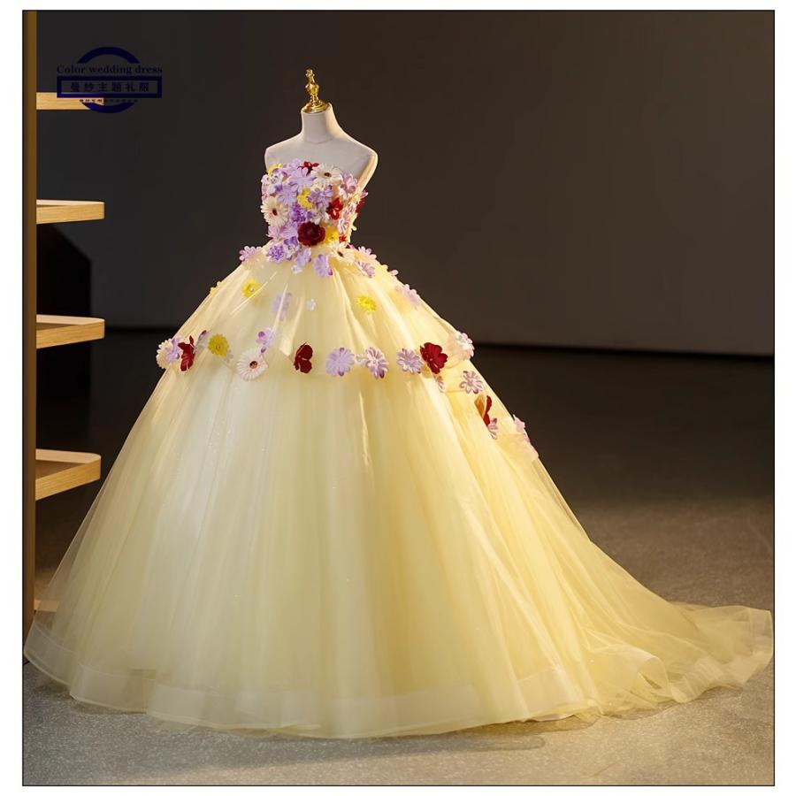 ドレス パーティードレス イエロー 黄 チューブトップ 花 フラワー ナイトドレス 蝶 結婚式 大きいサイズ 謝恩会 XS S M L XL LL 2XL XXL 3XL XXXL 姫系の画像