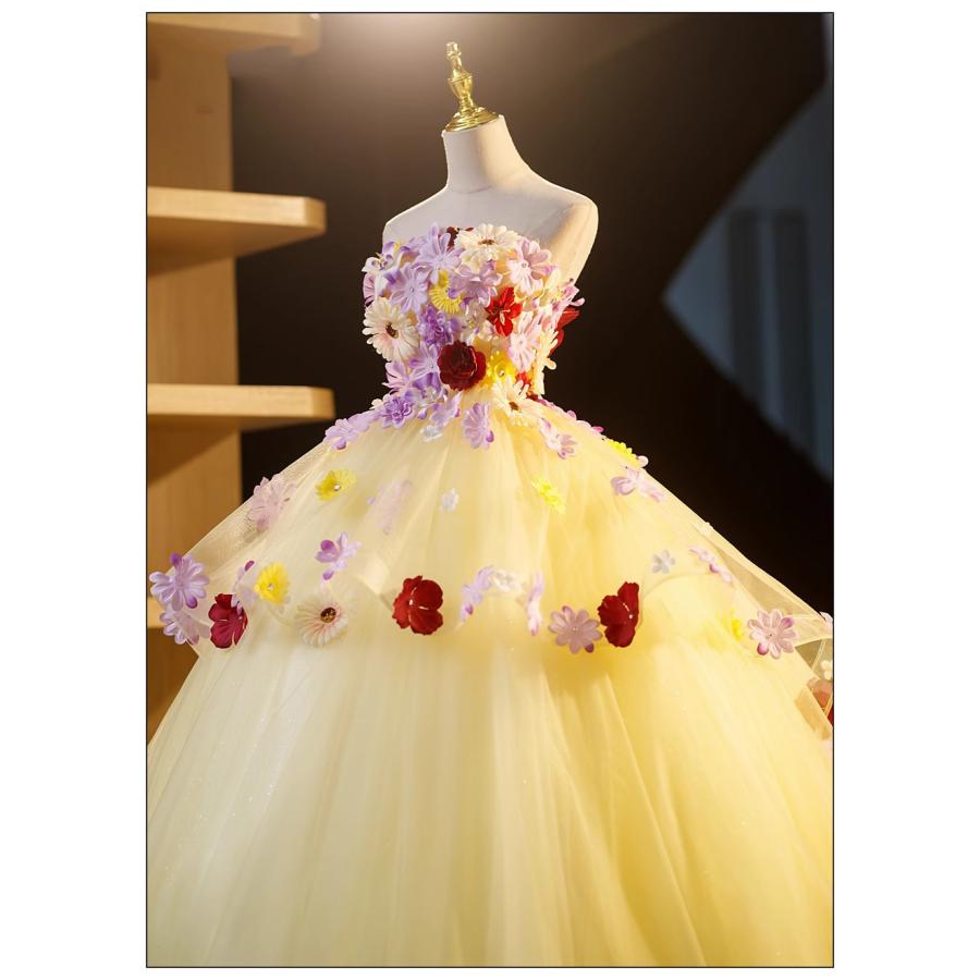 ドレス パーティードレス イエロー 黄 チューブトップ 花 フラワー ナイトドレス 蝶 結婚式 大きいサイズ 謝恩会 XS S M L XL LL 2XL XXL 3XL XXXL 姫系の画像