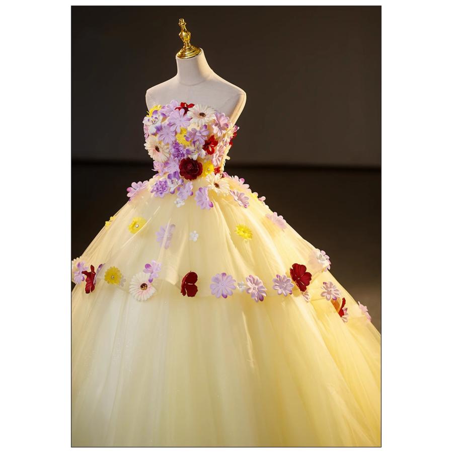 ドレス パーティードレス イエロー 黄 チューブトップ 花 フラワー ナイトドレス 蝶 結婚式 大きいサイズ 謝恩会 XS S M L XL LL 2XL XXL 3XL XXXL 姫系の画像