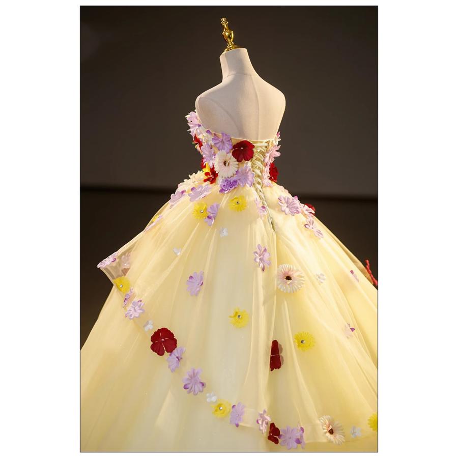 ドレス パーティードレス イエロー 黄 チューブトップ 花 フラワー ナイトドレス 蝶 結婚式 大きいサイズ 謝恩会 XS S M L XL LL 2XL XXL 3XL XXXL 姫系の画像