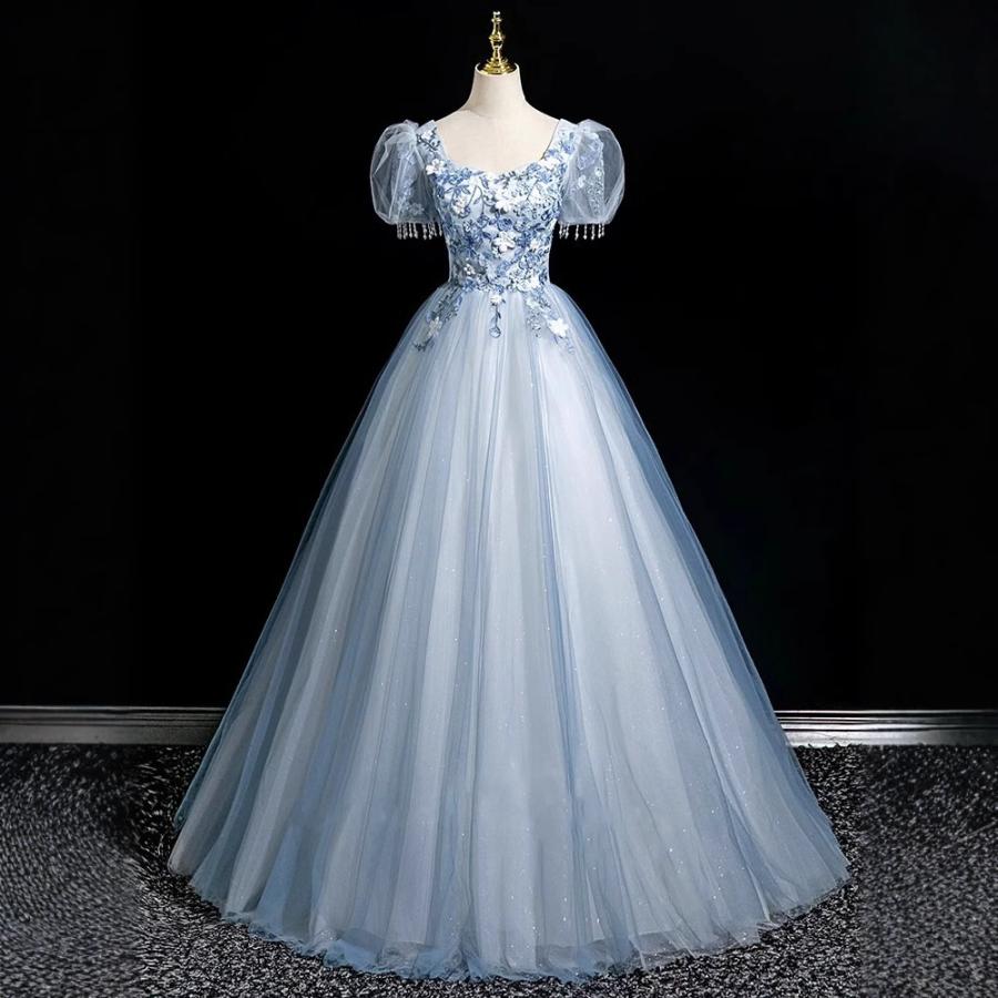 イブニングドレス ブルー 青 パーティードレス ナイトドレス パフスリーブ 大きいサイズ 謝恩会ドレス 結婚式 XS S M L XL LL 2XL XXL 3XL XXXL 姫系 発表会_1