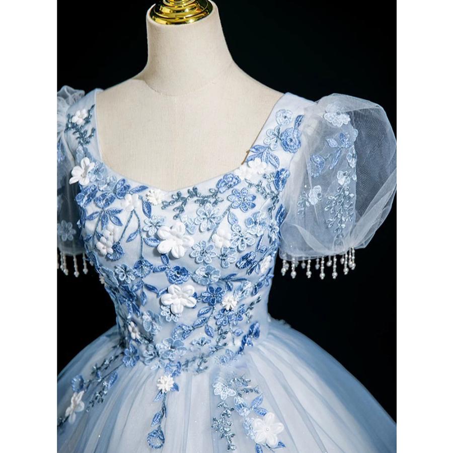 イブニングドレス ブルー 青 パーティードレス ナイトドレス パフスリーブ 大きいサイズ 謝恩会ドレス 結婚式 XS S M L XL LL 2XL XXL 3XL XXXL 姫系 発表会_2