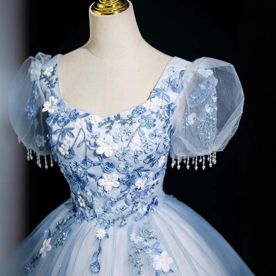 イブニングドレス ブルー 青 パーティードレス ナイトドレス パフスリーブ 大きいサイズ 謝恩会ドレス 結婚式 XS S M L XL LL 2XL XXL 3XL XXXL 姫系 発表会_3