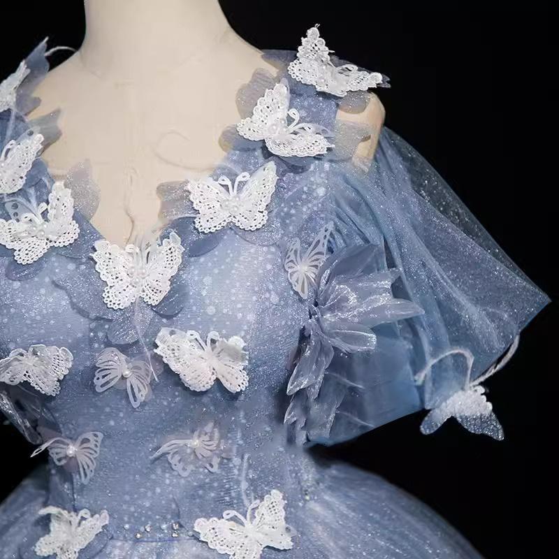 パーティードレス ナイトドレス ブルー 青 半袖 ドレス 蝶 豪華 透け感 結婚式 大きいサイズ 謝恩会 XS S M L XL LL 2XL XXL 3XL XXXL パーティー 紐タイプ_6