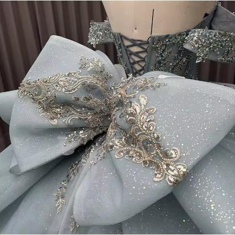 ドレス パーティードレス イブニングドレス グレー シルバー オフショルダー 大きいサイズ 刺繍  レース 結婚式 パーティー 謝恩会 ロングドレス XS S M L XL LLの画像