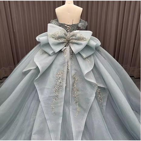 ドレス パーティードレス イブニングドレス グレー シルバー オフショルダー 大きいサイズ 刺繍  レース 結婚式 パーティー 謝恩会 ロングドレス XS S M L XL LLの画像