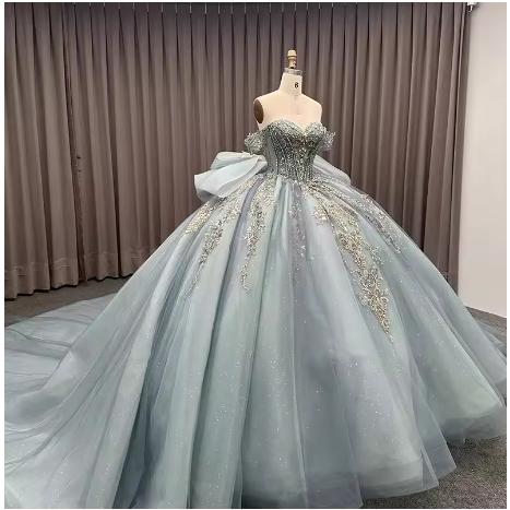 ドレス パーティードレス イブニングドレス グレー シルバー オフショルダー 大きいサイズ 刺繍  レース 結婚式 パーティー 謝恩会 ロングドレス XS S M L XL LLの画像