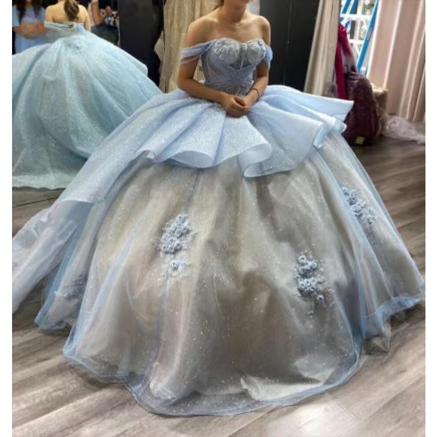 ドレス パーティードレス イブニングドレス ブルー 青 水色 オフショルダー 大きいサイズ レース 結婚式 パーティー 謝恩会 ロングドレス XS S M L XL LL 2XLの画像