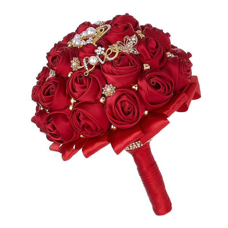 ブーケ ウェディング ブライダルブーケ 花嫁 レッド 赤 造花 結婚式 前撮り リボン素材 披露宴 海外挙式 ウェディングブーケ 豪華 花束 ガーリー_5