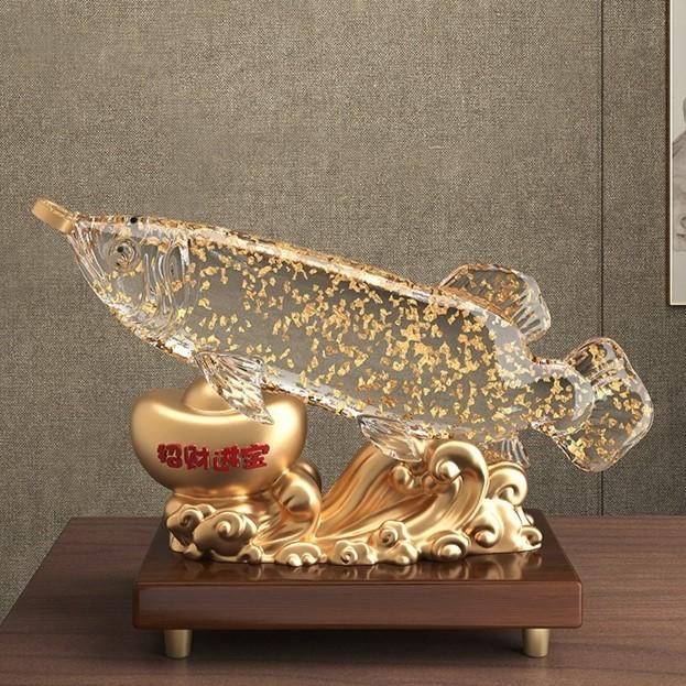 金運幸福を呼び込む 大型 アロワナ 置物 インテリア リビング 玄関 ゴールド アロワナ 置物 オブジェ 財運 金運 運気アップ クリア 透明 金色 黄金