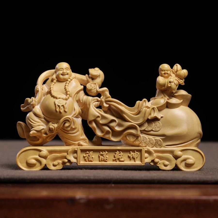 布袋様 オブジェ 置物 木製 木彫 開運 幸運 長寿 縁起物 魔除け 厄除