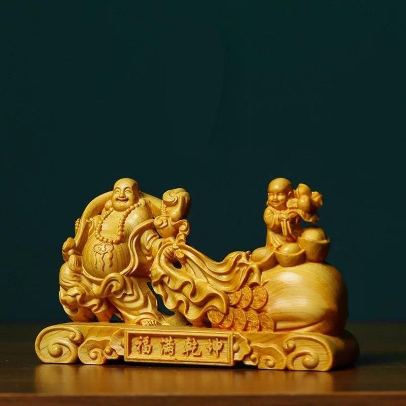 布袋様 オブジェ 置物 木製 木彫 開運 幸運 長寿 縁起物 魔除け 厄除