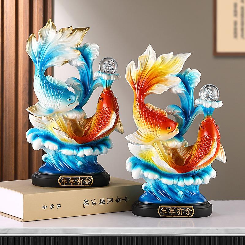 金魚 赤 レッド 青 ブルー 置物 彫刻 風水グッズ 財運 金運 安産祈願