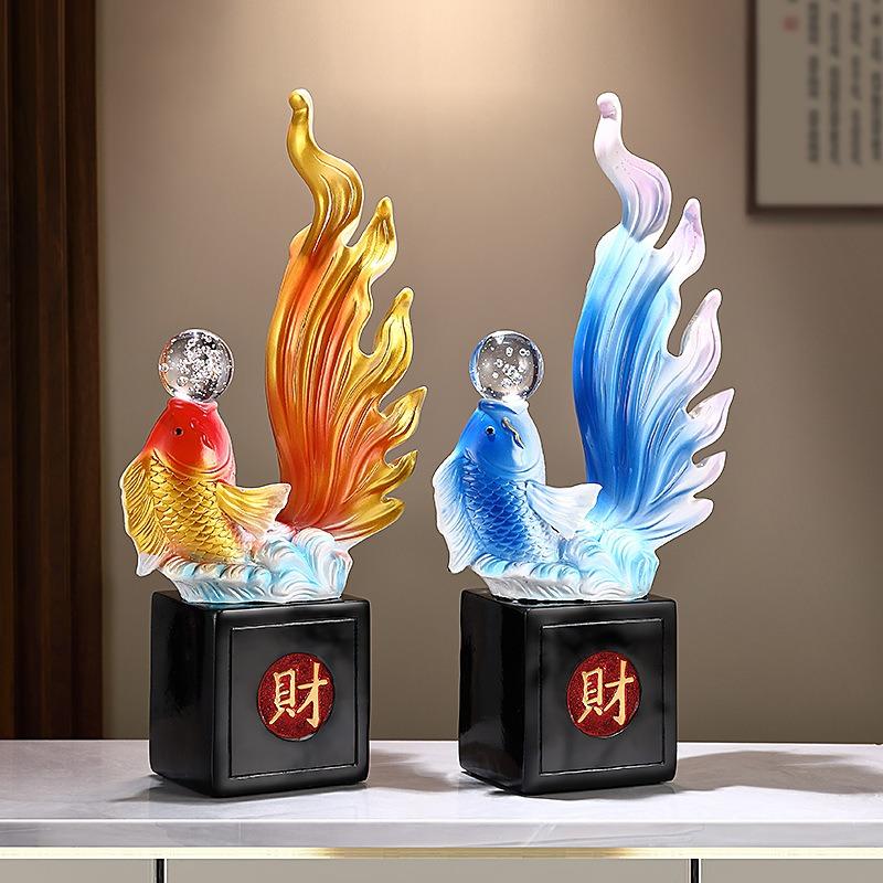 金魚 レッド ブルー 赤 青 魚 置物 彫刻 風水グッズ 縁起物 幸運 長寿