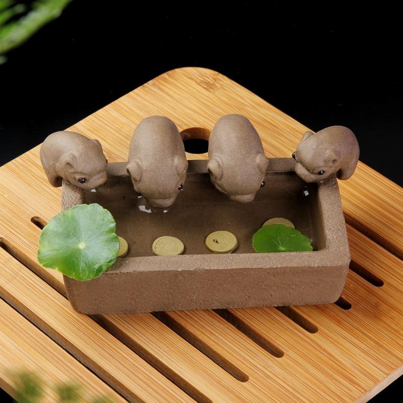 豚 ブタ 紫砂 置物 オブジェ 観葉植物 水耕栽培 開運 商売繁盛 玄関