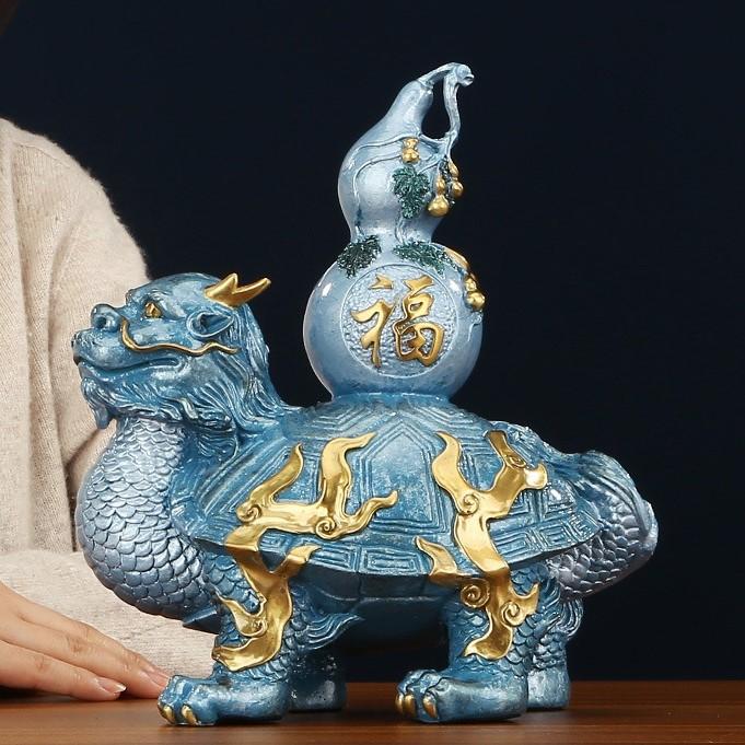 龍亀 龍 ドラゴン 亀 瓢箪 ひょうたん ブルー 青 置物 オブジェ 運気